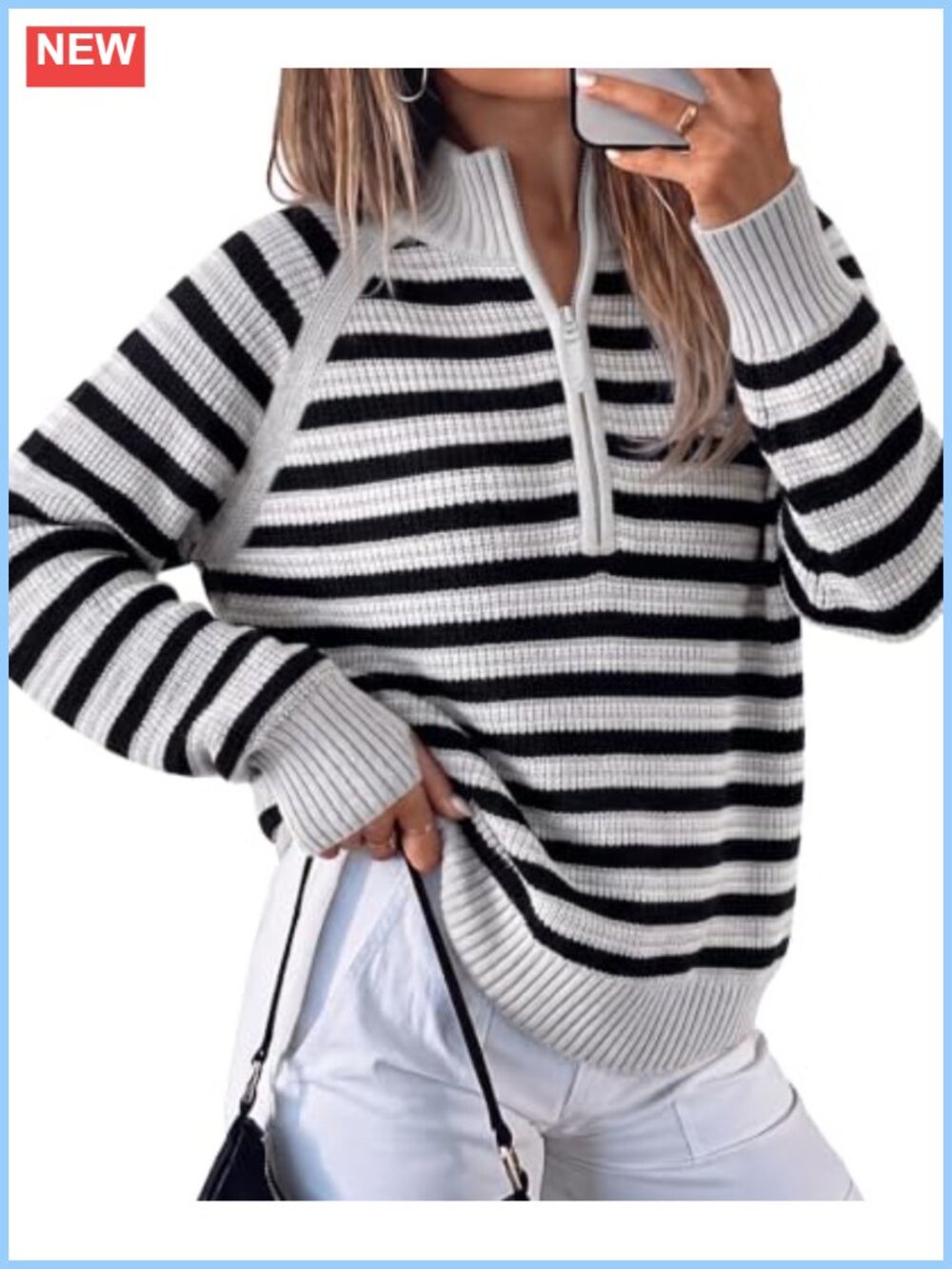 Half Zip Striped Pullover Ribbed Knit Sweater Oversized Mock Neck Thumbhole